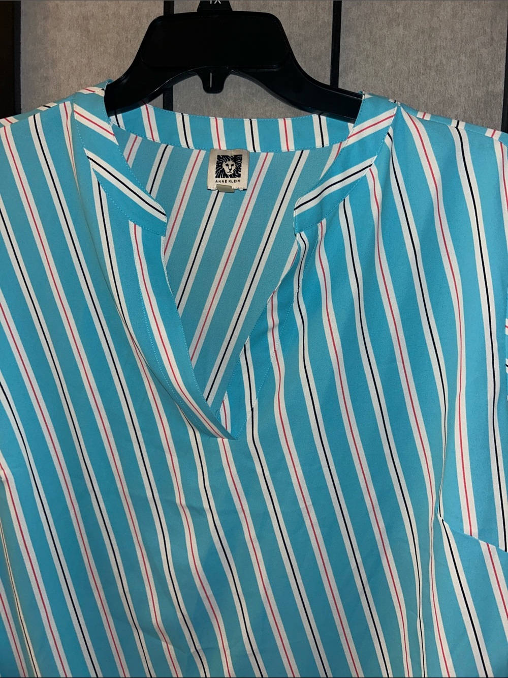 Anne Klein Teal Striped Split-Neck Blouse - Picture 2 of 8
